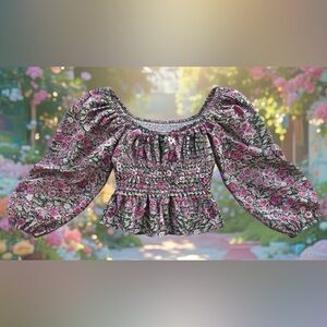 Mango women’s Floral Smocked Blouse - Pink and Green.  Size S.